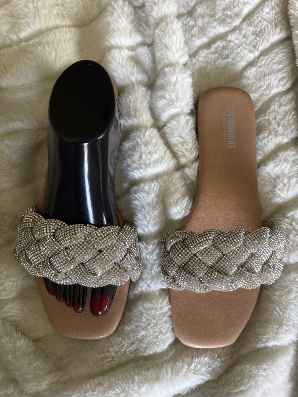 Cushionaire Braided Beaded Slide Sandals in Champagne/Tan